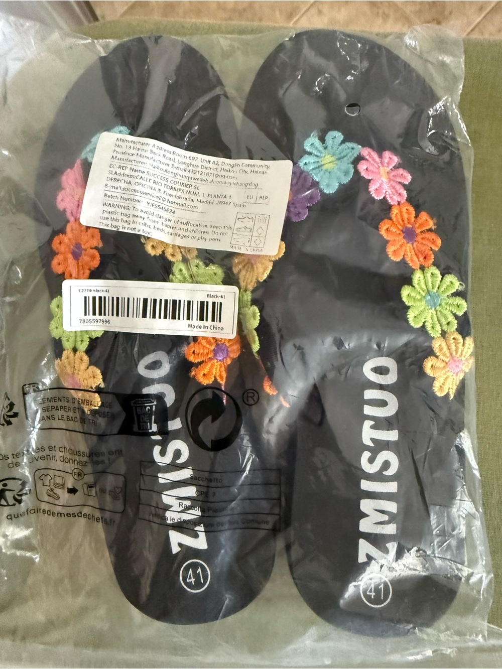 SHEIN Black Slide Sandals with Multicolor Floral Embroidery